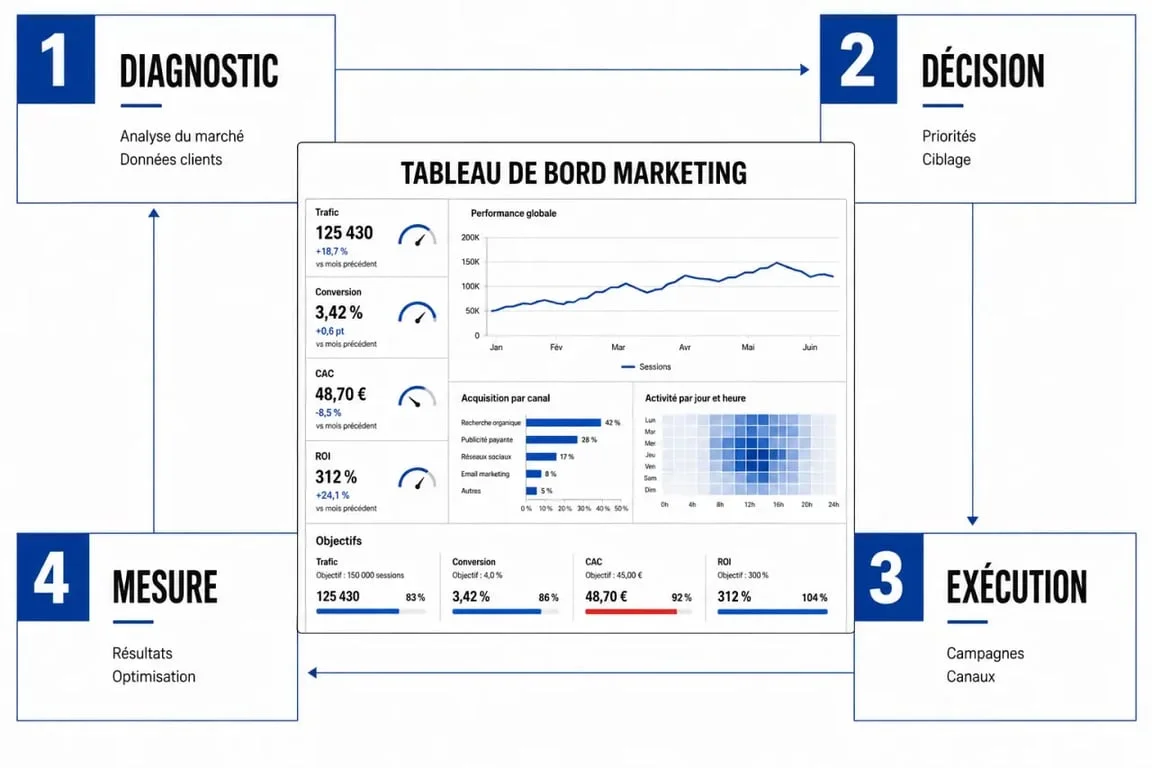 Plan de marketing illustré en 4 phases avec tableau de bord et flux de travail