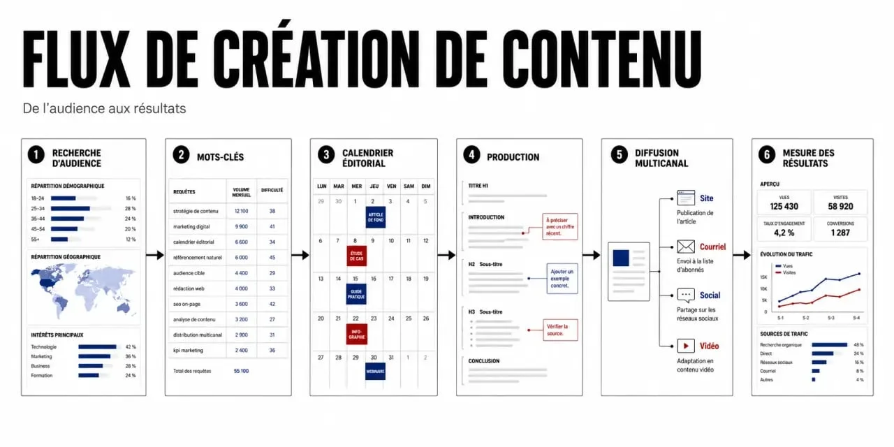 Flujo de creacion de contenido con investigación, planificación, producción, distribución y medición