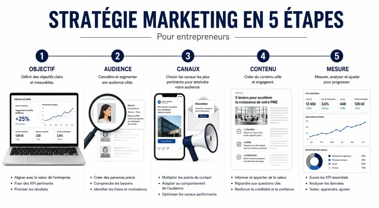 Marketing para emprendedores: esquema visual de objetivo, audiencia, canales y medición