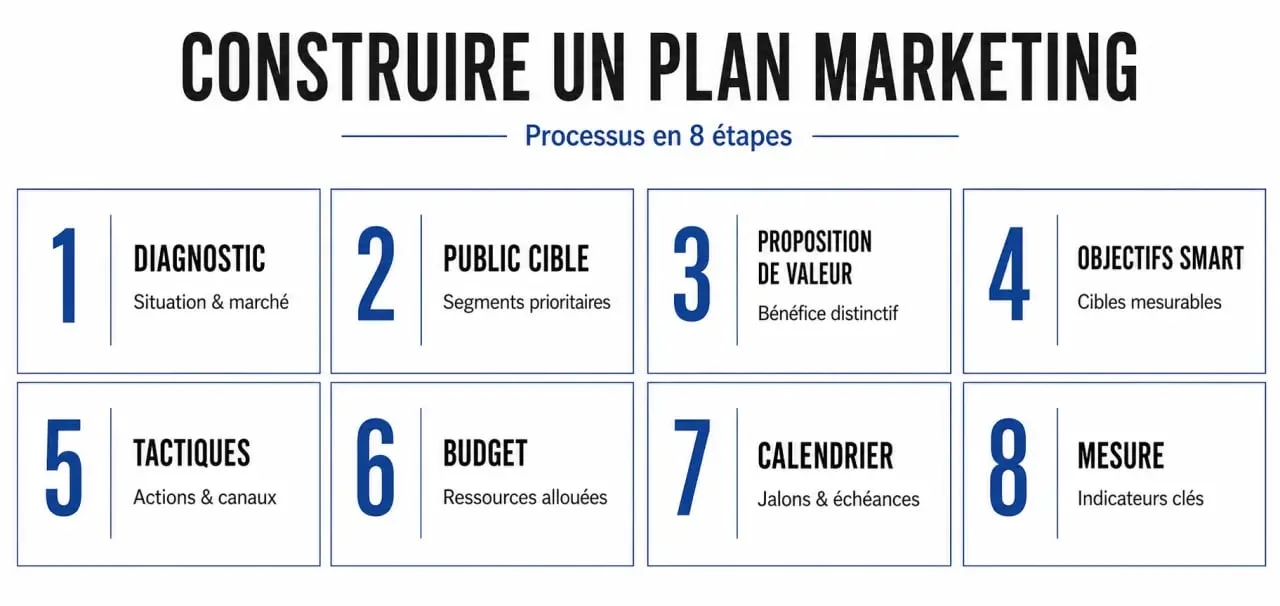 Illustration du plan de mkt en 8 étapes pour structurer une stratégie marketing claire