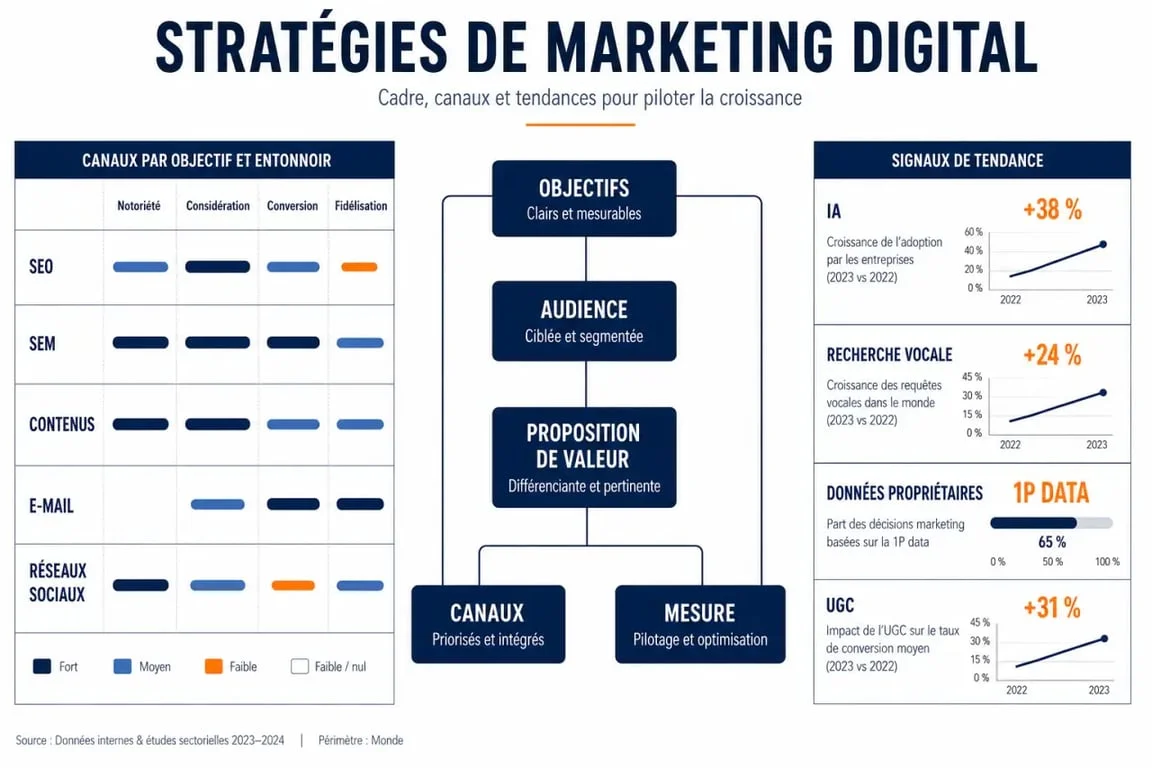 Estrategias de mkt digital con mapa visual de objetivos, canales, medición y tendencias