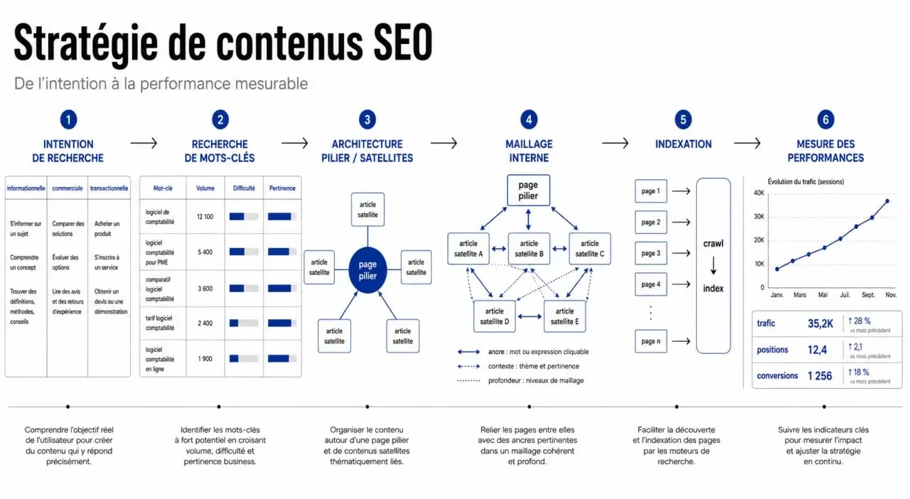 Stratégie de contenus seo illustrée par un flux entre intention de recherche, architecture des contenus et mesure