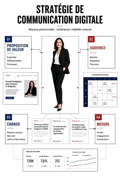 Estrategia de comunicación digital para la marca personal con un esquema visual de propuesta de valor, audiencia, canales y medición
