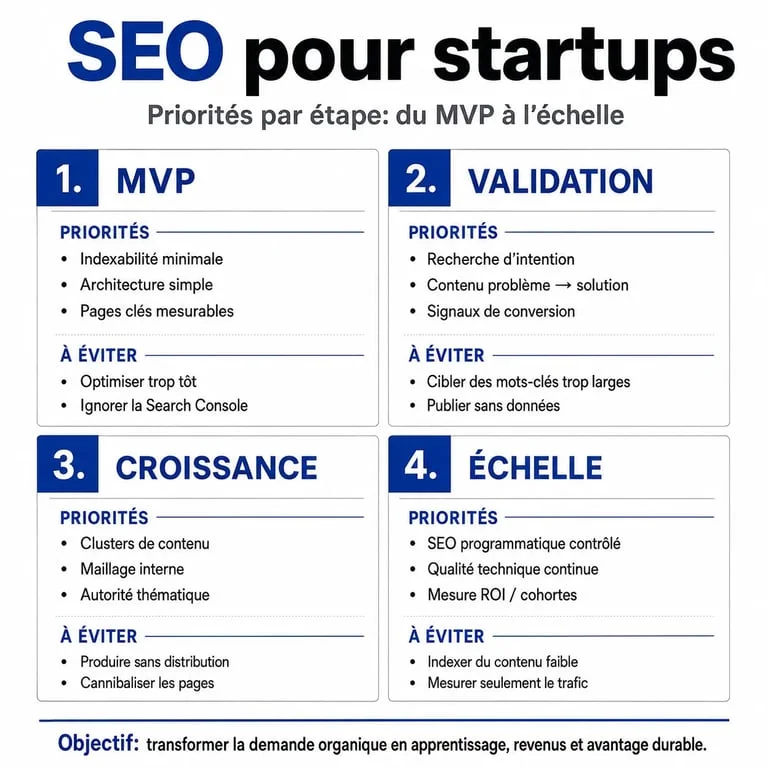 SEO para startups: prioridades por fase de la startup en una infografía comparativa