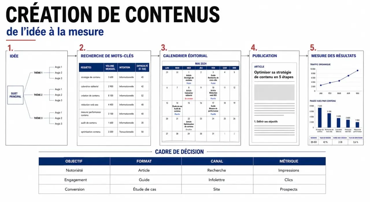 Creación de contenidos: flujo visual del proceso desde la idea hasta la medición